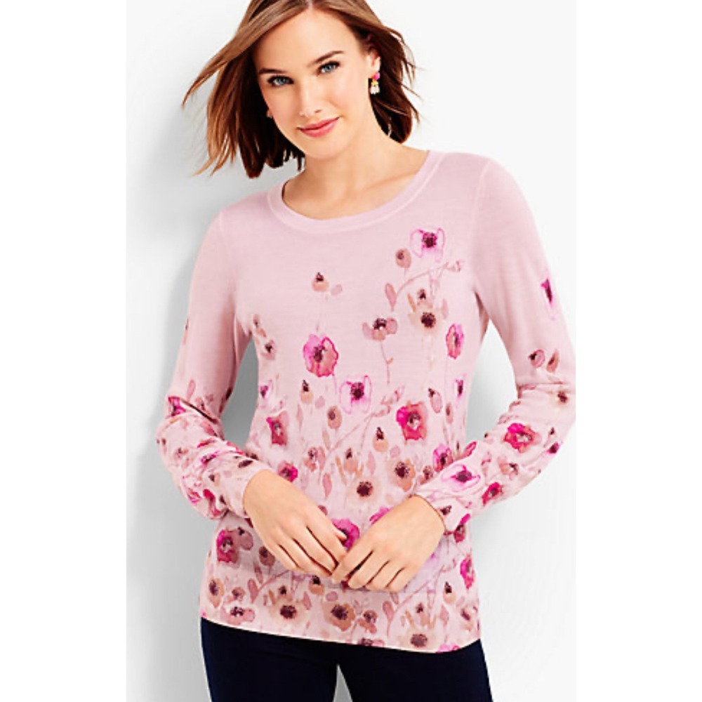 Talbots Pure Merino Wool Pink Floral Longsleeve Sweater Feminine Romantic‎ 2X
